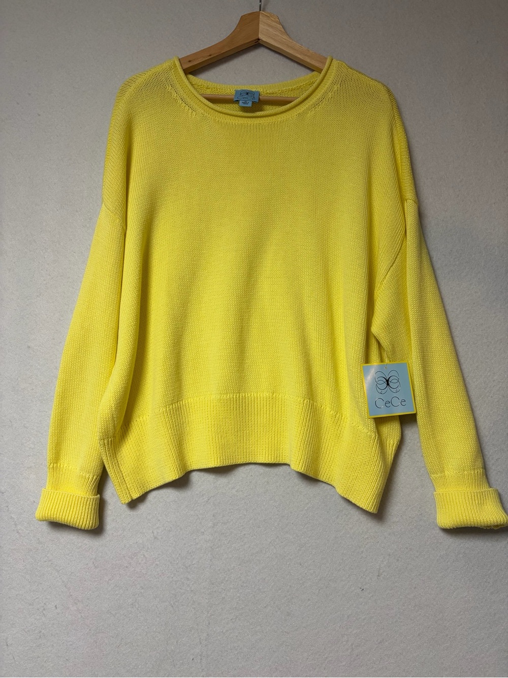 CeCe Butter Yellow Cotton Oversized Knit SweaterXL NWT Lightweight Dolman Sleeve